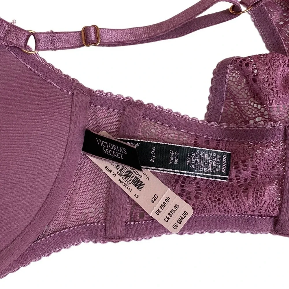 VICTORIAS SECRET 32D Very Sexy Chantilly Push Up Front-Close Bra‎ Mauve Lace NEW